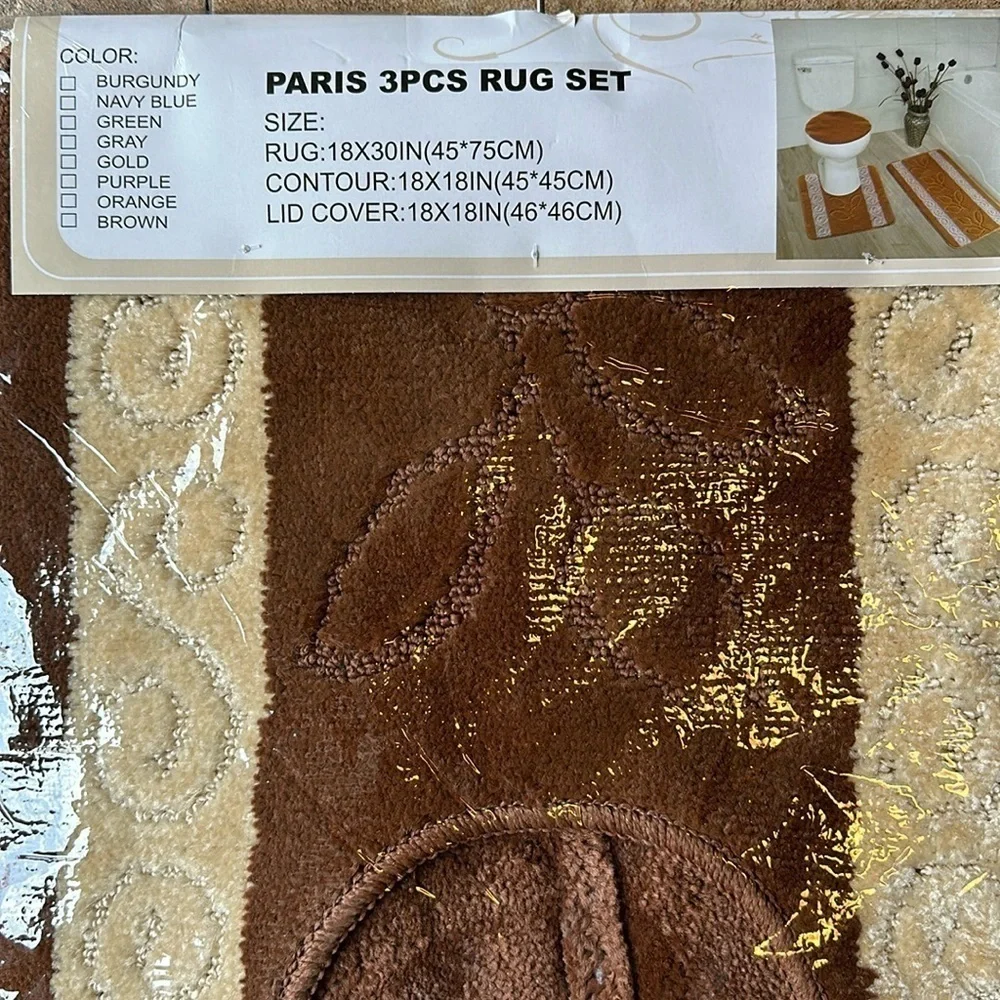 Brown 3pc Bathmat Set Non-Slip Absorbent mat and contour Rugs, Toilet Lid Cover